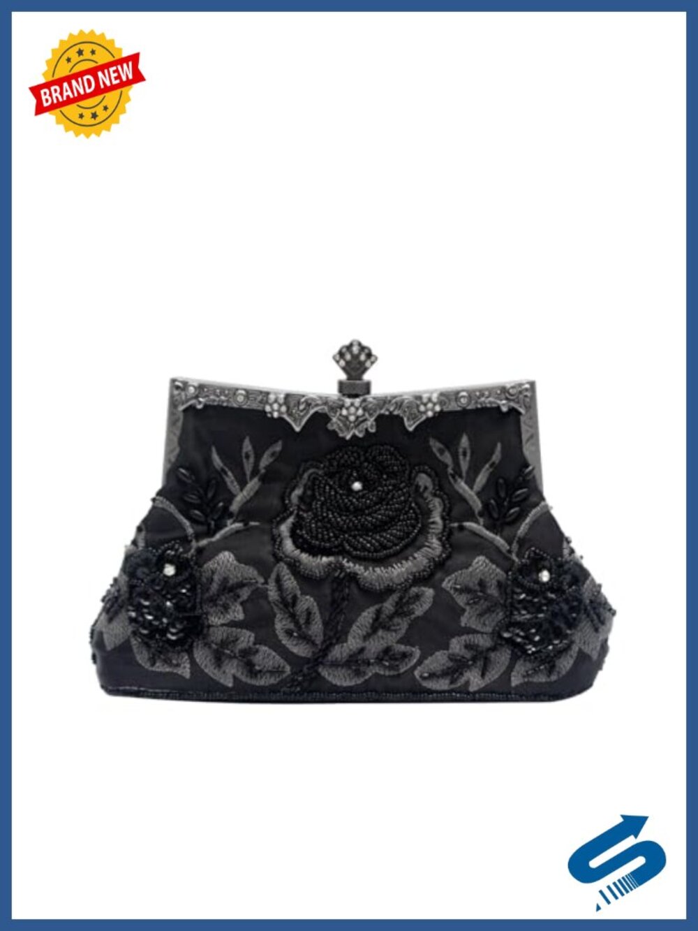 Vintage 1920s Beaded Sequin Evening Clutch Bag with Chain Strap Floral